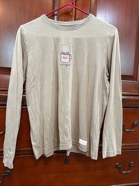 Life Is Good Long-Sleeve Tee in Taupe with Pink Coffee Cup Graphic